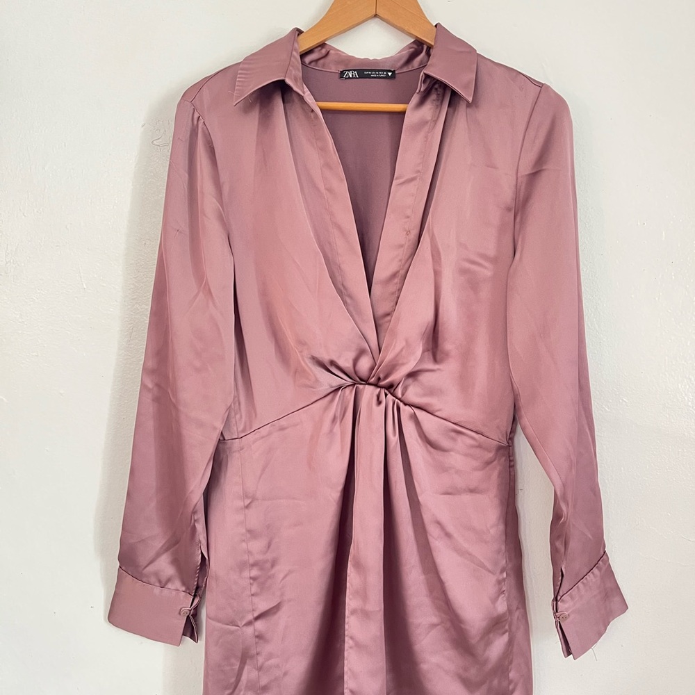 Zara Pink Button Down Shirt with Notched Collar and Tie Front